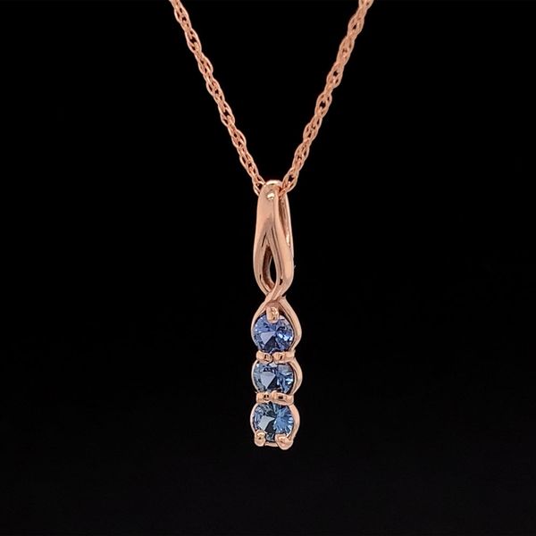 Petite Rose Gold Three Stone Yogo Sapphire Pendant Image 2 Geralds Jewelry Oak Harbor, WA
