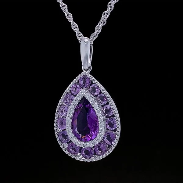 Pear Shaped Amethyst Pendant with Diamond Halo Image 2 Geralds Jewelry Oak Harbor, WA