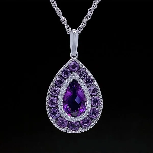 Pear Shaped Amethyst Pendant with Diamond Halo Geralds Jewelry Oak Harbor, WA