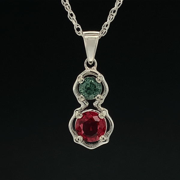 Two Stone Montana Sapphire and Fire Ruby Pendant in White Gold Geralds Jewelry Oak Harbor, WA