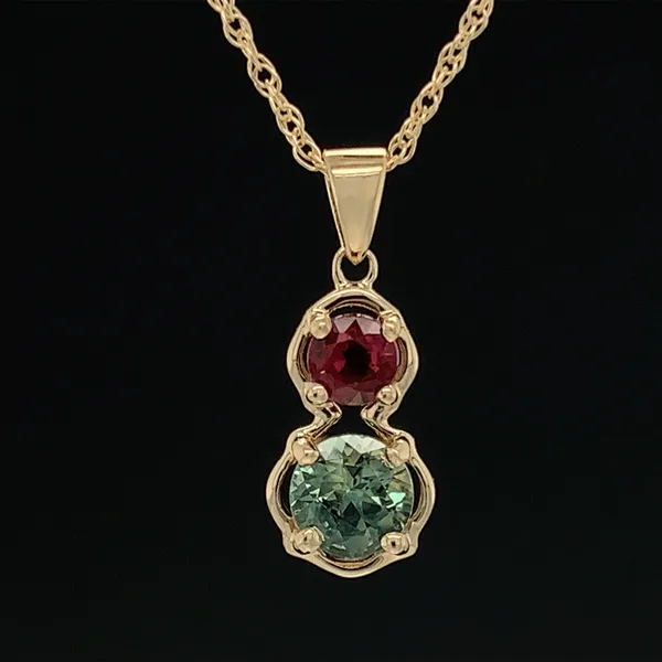 Two Stone Montana Sapphire and Fire Ruby Pendant in Yellow Gold Geralds Jewelry Oak Harbor, WA