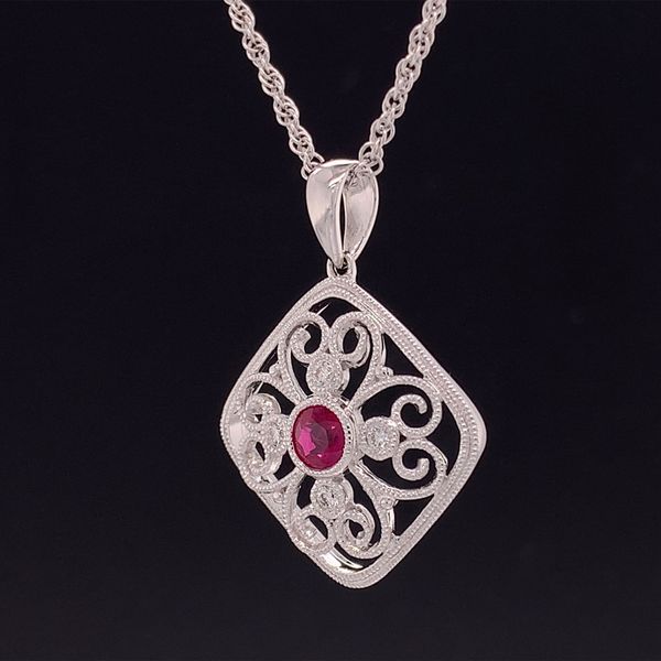 Ruby And Diamond Pendant With Milgrain Detail Image 2 Geralds Jewelry Oak Harbor, WA