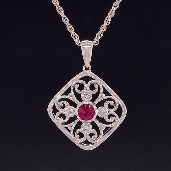 Ruby And Diamond Pendant With Milgrain Detail Geralds Jewelry Oak Harbor, WA