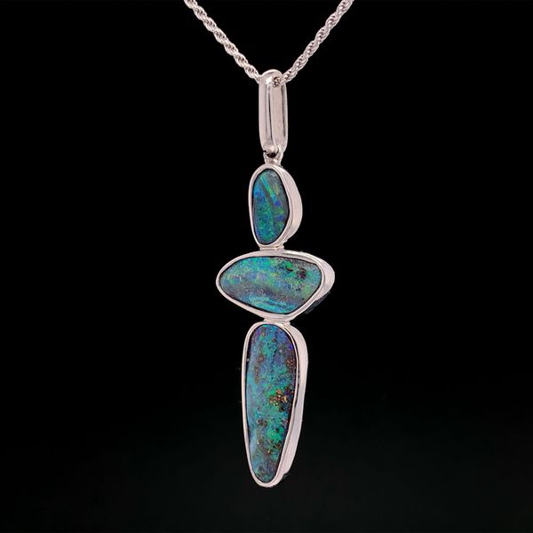 Silver Australian Boulder Opal Stacked Freeform Trio Pendant Image 2 Geralds Jewelry Oak Harbor, WA