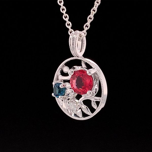Olive Leaf Inspired Pendant With Natural Fire Ruby, Blue Tourmaline And Diamond Image 3 Geralds Jewelry Oak Harbor, WA