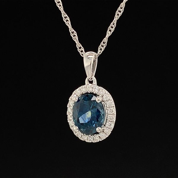 Oval Montana Sapphire And Diamond Halo Pendant Image 3 Geralds Jewelry Oak Harbor, WA