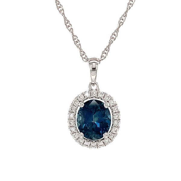 Oval Montana Sapphire And Diamond Halo Pendant Image 5 Geralds Jewelry Oak Harbor, WA