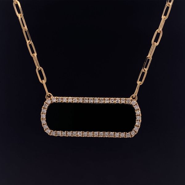 Onyx And Diamond Halo Station Necklace on Paperclip Chain Geralds Jewelry Oak Harbor, WA