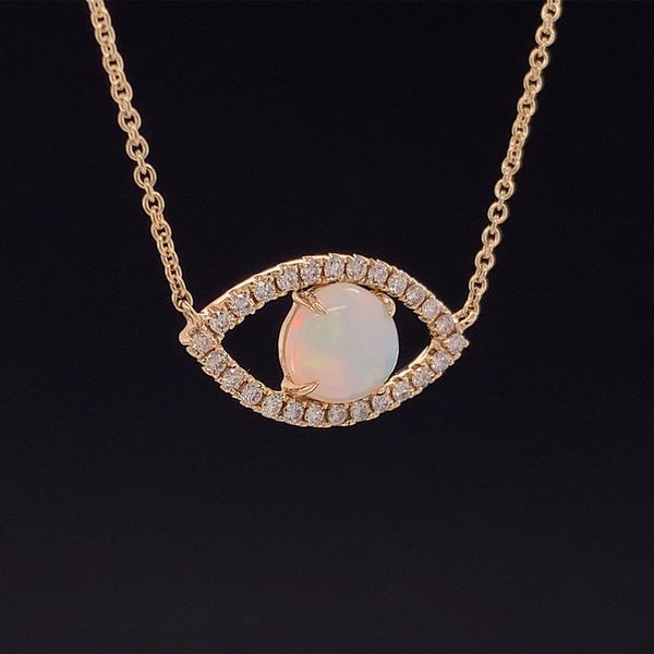 Round Ethiopian Opal And Diamond Station Necklace Image 3 Geralds Jewelry Oak Harbor, WA