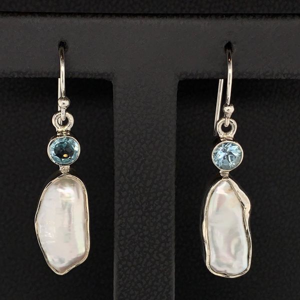 Blue Topaz and Pearl Drop Earrings Geralds Jewelry Oak Harbor, WA