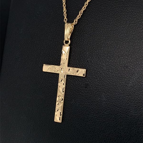 Hand Engraved Cross Necklace in 14k Yellow Gold Image 2 Geralds Jewelry Oak Harbor, WA