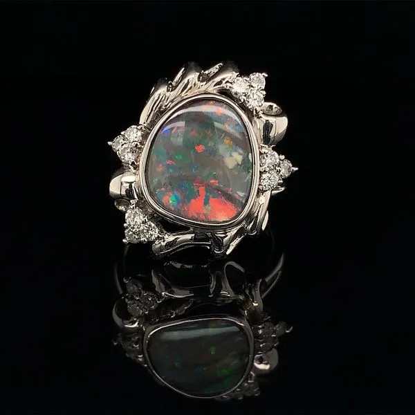 Natural Australian Opal And Diamond Free Form Fashion Ring Set in Platinum Geralds Jewelry Oak Harbor, WA