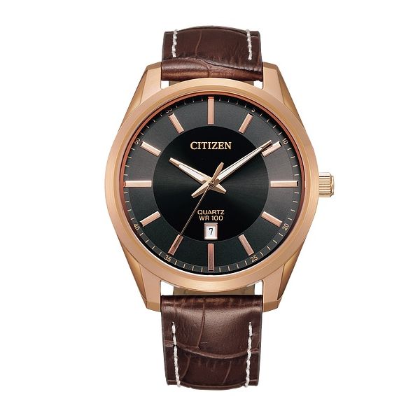 Men's Citizen Rose-Tone Stainless Steel Brown Leather Band Quartz Watch Geralds Jewelry Oak Harbor, WA