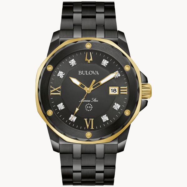 Bulova Men's Marine Star Black and Yellow-Tone Watch Geralds Jewelry Oak Harbor, WA