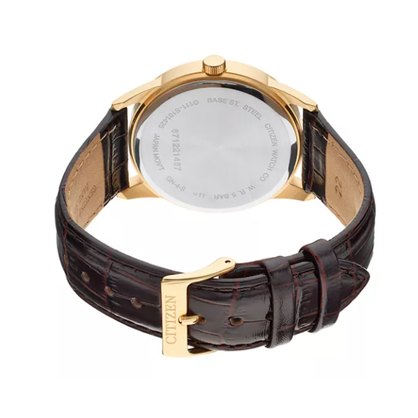 Men's Citizen Gold-Tone Stainless Steel Brown Leather Band Quartz Watch Image 2 Geralds Jewelry Oak Harbor, WA