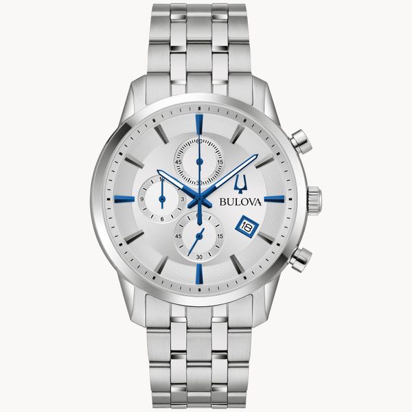 Bulova Men's Classic Sutton Silver-Tone And Blue Accented Watch Geralds Jewelry Oak Harbor, WA