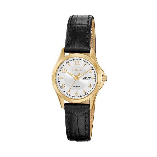 Ladies Citizen Yellow-Tone Stainless Steel Quartz Watch With Black Leather Strap Geralds Jewelry Oak Harbor, WA