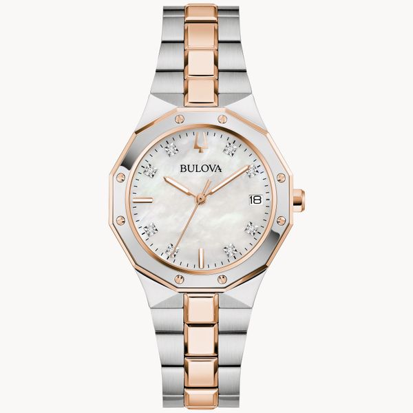 Bulova Ladies Prestige Classic Diamond White and Rose-Tone Watch Geralds Jewelry Oak Harbor, WA