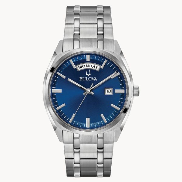 Bulova Men's Classic Surveyor Silver-Tone Blue Dial Watch Geralds Jewelry Oak Harbor, WA