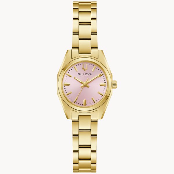 Bulova Ladies Surveyor Yellow Tone with Pink Dial Watch Geralds Jewelry Oak Harbor, WA