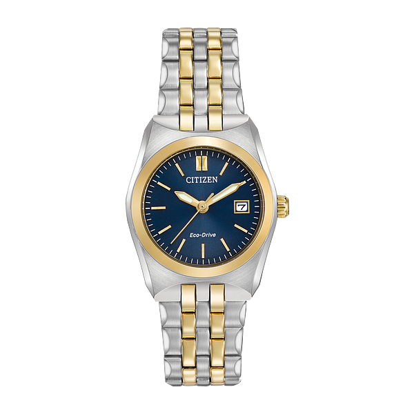 Citizen Ladies Corso White and Yellow-Tone Blue Dial Eco-Drive Watch Geralds Jewelry Oak Harbor, WA
