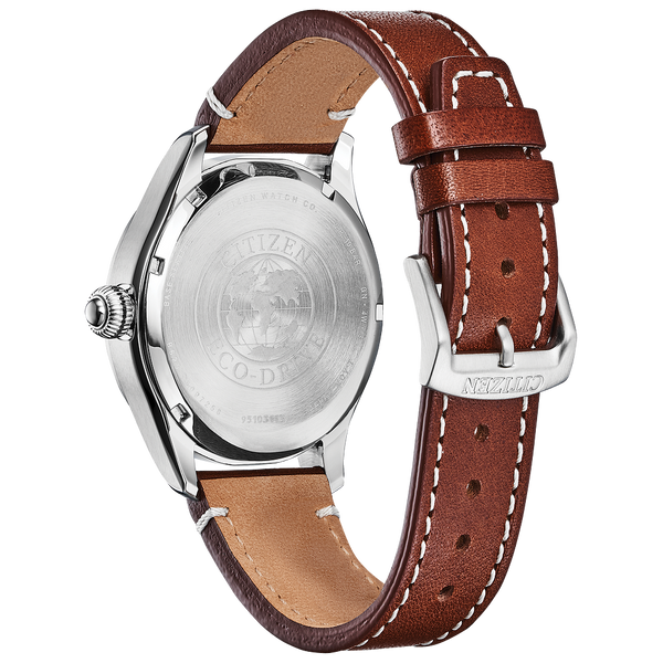 Citizen Men's Garrison Navy Blue Dial and Brown Leather Band Eco-Drive Watch Image 3 Geralds Jewelry Oak Harbor, WA