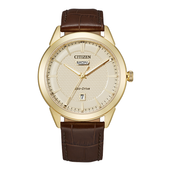 Citizen Men's Rolan Yellow-Tone and Brown Leather Band Eco-Drive Watch Geralds Jewelry Oak Harbor, WA