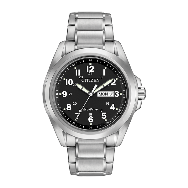 Citizen Men's Garrison Silver-Tone and Black Dial Eco-Drive Watch Geralds Jewelry Oak Harbor, WA