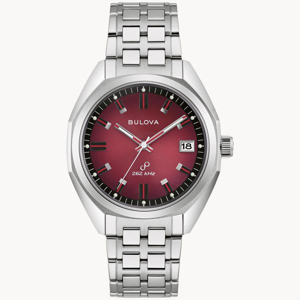 Bulova Men's Jet Star Silver-Tone and Maroon Dial Watch Geralds Jewelry Oak Harbor, WA