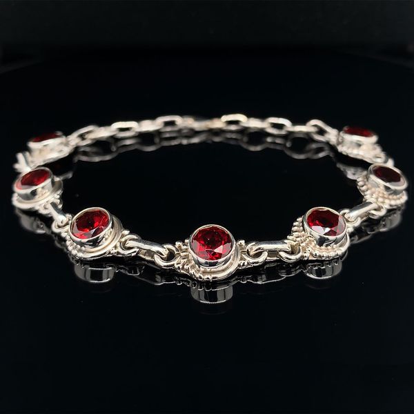 Sterling Silver And Garnet Bezel Set Bracelet With Beading Accents Geralds Jewelry Oak Harbor, WA