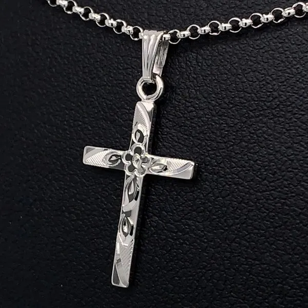 Cross Pendant with Hand Engraved Flower Design Image 2 Geralds Jewelry Oak Harbor, WA