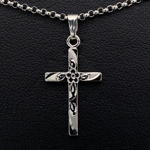 Cross Pendant with Hand Engraved Flower Design Geralds Jewelry Oak Harbor, WA