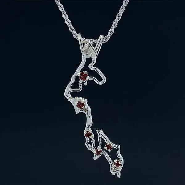 Custom Whidbey Island Outline Garnet Pendant Geralds Jewelry Oak Harbor, WA