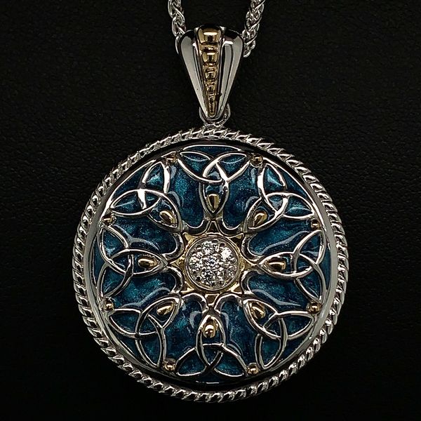 Keith Jack Celtic Trinity Pendant with Sky Blue Enamel Geralds Jewelry Oak Harbor, WA