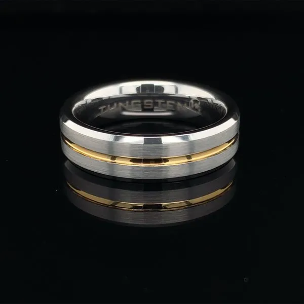 Tungsten Band With Beveled Edges And Thin Yellow Line Geralds Jewelry Oak Harbor, WA