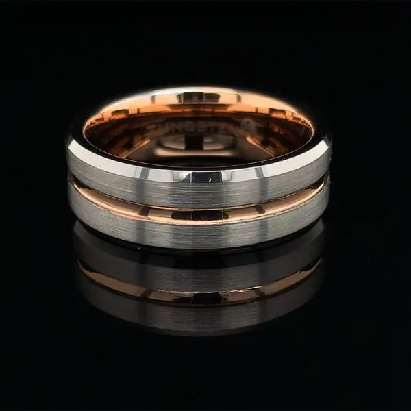 Tungsten Band With Beveled Edges And Thin Rose Line Geralds Jewelry Oak Harbor, WA