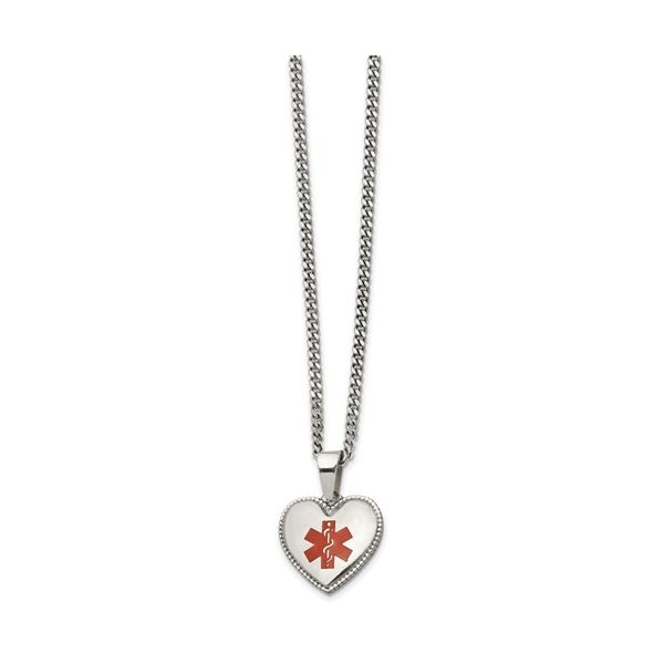 Polished Stainless Steel With Red Enamel Heart Medical Necklace Geralds Jewelry Oak Harbor, WA
