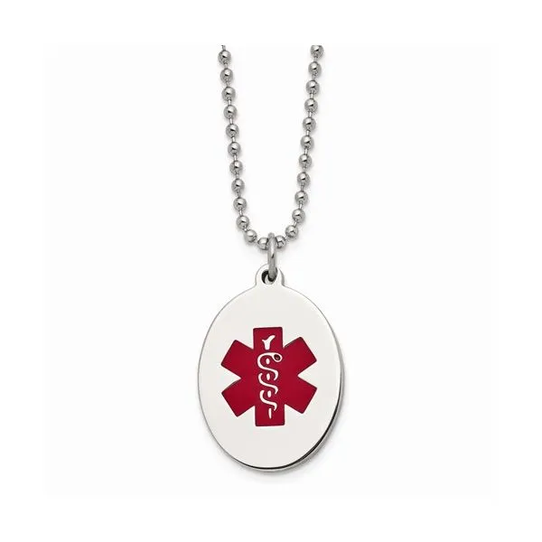Stainless Steel Red Enamel Oval Medical Pendant with chain Geralds Jewelry Oak Harbor, WA