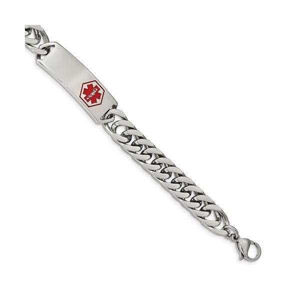 Polished Stainless Steel With Red Enamel 8.5in Medical ID Bracelet Geralds Jewelry Oak Harbor, WA