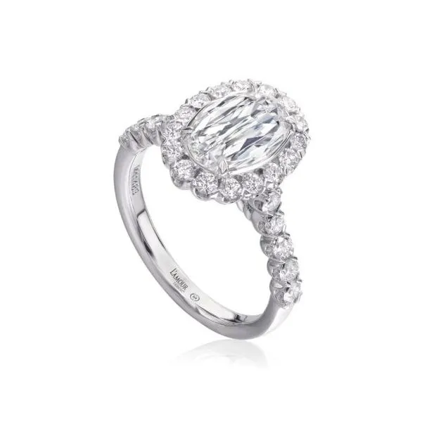 18K White Gold L'AMOUR Oval Center Diamond Halo Engagement Ring Gary J. Long Jewelers Stockton, CA