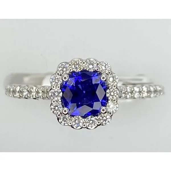 18K White Gold Cushion Blue Sapphire Diamond Halo Fashion Ring Gary J. Long Jewelers Stockton, CA