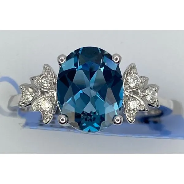 14K White Gold Oval London Blue Topaz Side Diamond Leaf Ring Gary J. Long Jewelers Stockton, CA