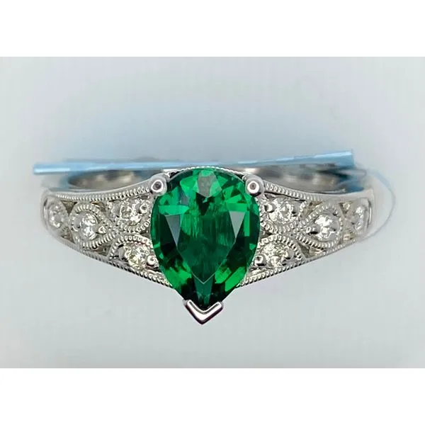 14K White Gold Pear Created Emerald Vintage Filigree Diamond Fashion Ring Gary J. Long Jewelers Stockton, CA