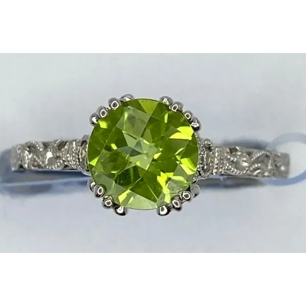 14K White Gold Round Peridot Diamond Filigree Ring Gary J. Long Jewelers Stockton, CA
