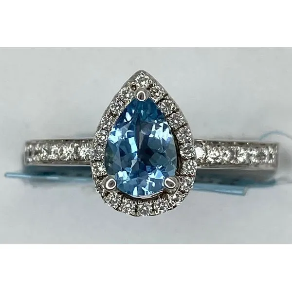 18K White Gold Pear Aquamarine Diamond Halo Ring Gary J. Long Jewelers Stockton, CA