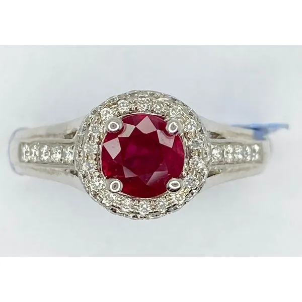 14K White Gold Round Ruby Diamond Halo Polished Sides Ring Gary J. Long Jewelers Stockton, CA