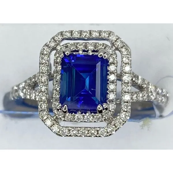 14K White Gold Blue Sapphire 2 Row Diamond Halo Ring Gary J. Long Jewelers Stockton, CA