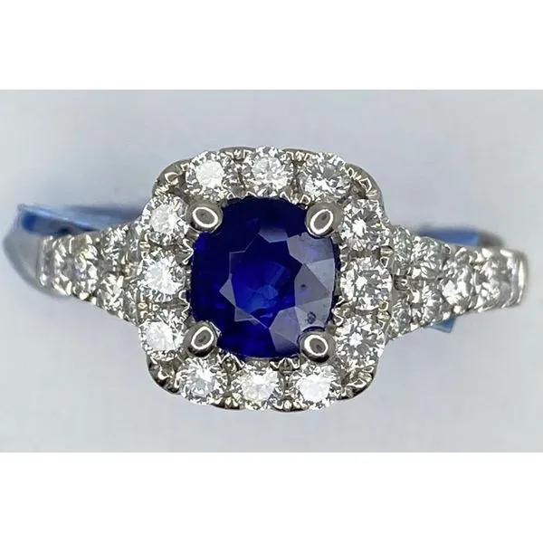 Platinum Antique Square Cushion Sapphire Diamond Split Shank Halo Ring Gary J. Long Jewelers Stockton, CA