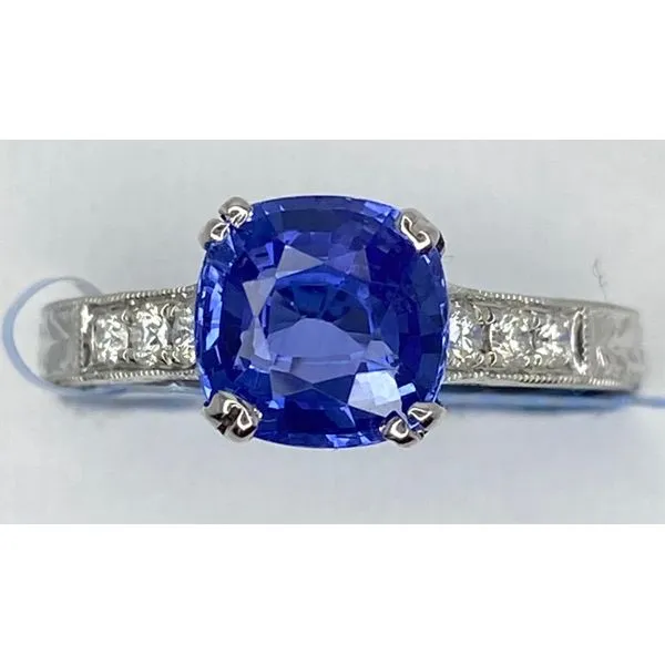 14K White Gold Square Cushion Sapphire Diamond Engraved Ring Gary J. Long Jewelers Stockton, CA