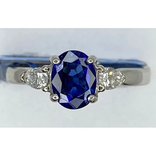 Platinum Oval Blue Sapphire Pear Side Diamond Ring Gary J. Long Jewelers Stockton, CA